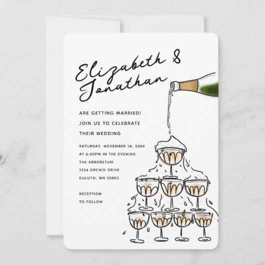 Whimsical Hand Drawn Champagne Tower Wedding 招待状 (正面)