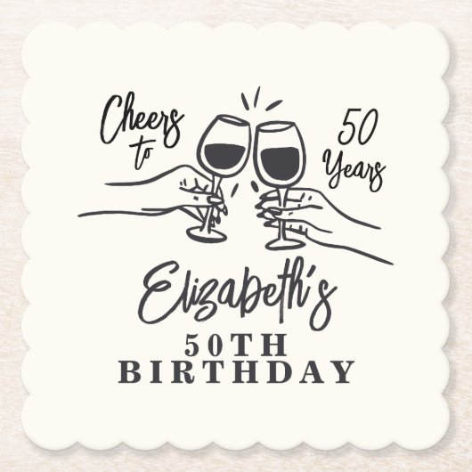 Whimsical Hand Drawn Cheers to 50 Years Birthday  ペーパーコースター (正面)