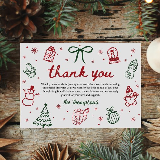 Whimsical Hand Drawn Christmas Baby Shower サンキューカード