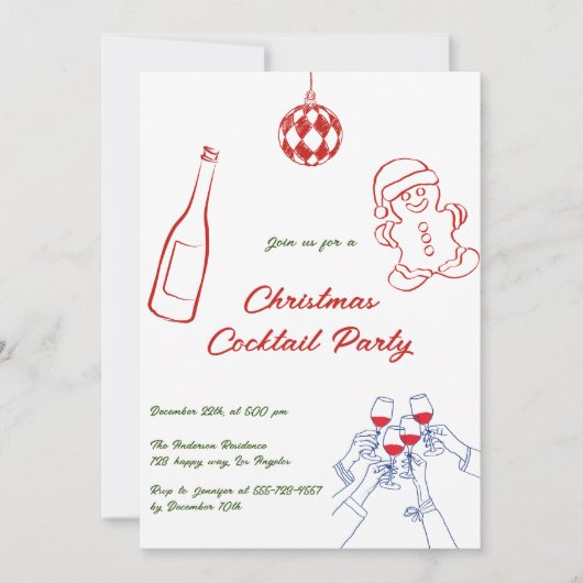 Whimsical Hand Drawn Christmas Cocktail Party 招待状 (正面)