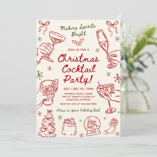 Whimsical Hand Drawn Christmas Cocktail Party 招待状 (スタンド正面)