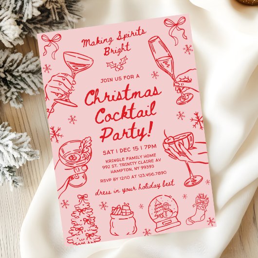 Whimsical Hand Drawn Christmas Cocktail Party 招待状