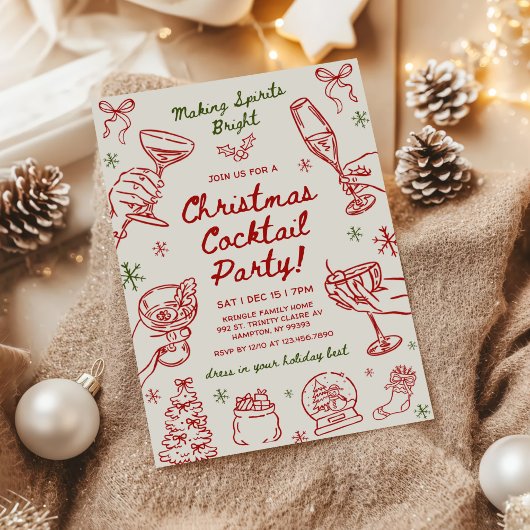 Whimsical Hand Drawn Christmas Cocktail Party 招待状