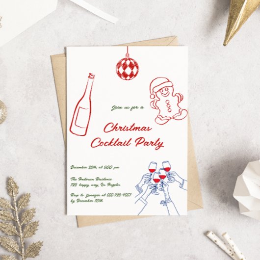 Whimsical Hand Drawn Christmas Cocktail Party 招待状