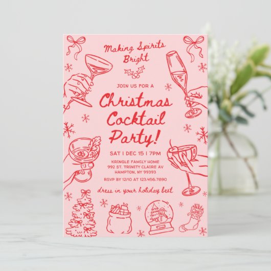 Whimsical Hand Drawn Christmas Cocktail Party 招待状 (スタンド正面)
