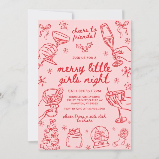 Whimsical Hand Drawn Christmas Girls Night 招待状 (正面)