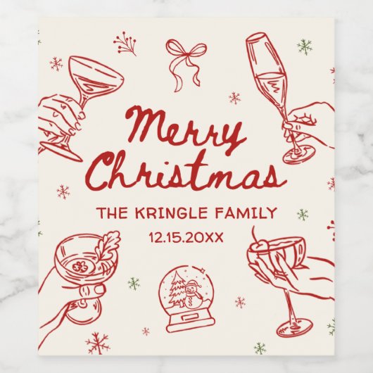 Whimsical Hand Drawn Christmas Party  ワインラベル (シングルラベル)