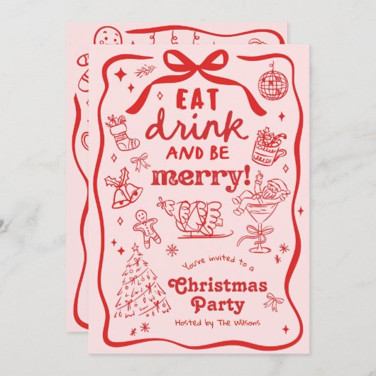 Whimsical Hand Drawn Christmas Party 招待状 (正面/裏面)