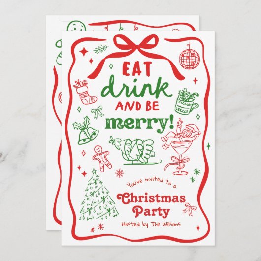 Whimsical Hand Drawn Christmas Party 招待状 (正面/裏面)