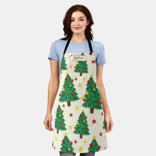 Whimsical Hand Drawn Christmas Tree Pattern Person エプロン (着用した状態)