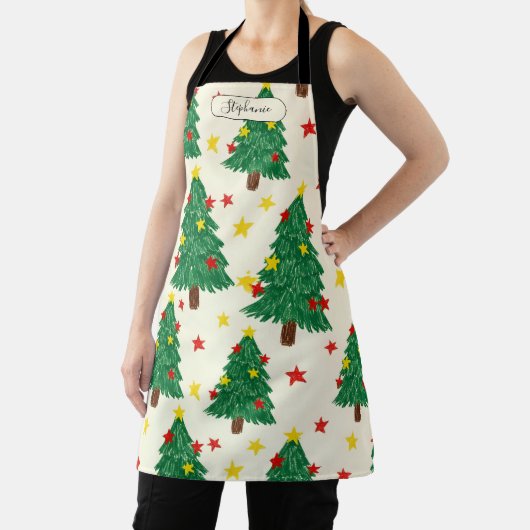 Whimsical Hand Drawn Christmas Tree Pattern Person エプロン (インサイチュ)