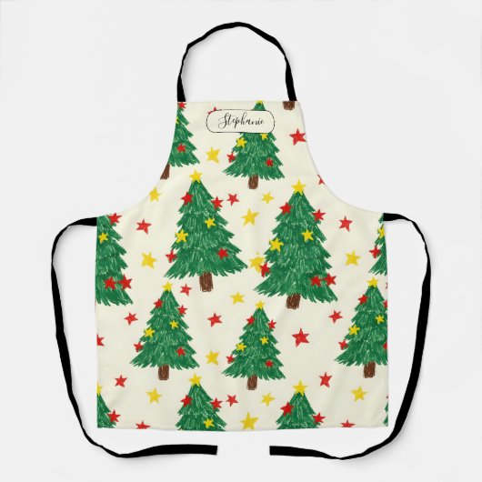 Whimsical Hand Drawn Christmas Tree Pattern Person エプロン (正面)