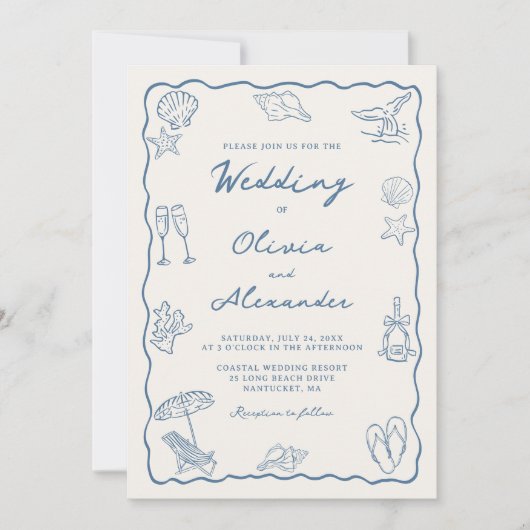 Whimsical Hand Drawn Coastal Beach Wedding 招待状 (正面)