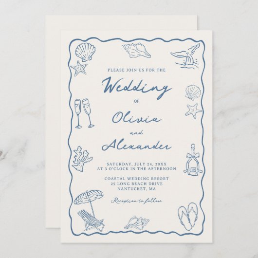 Whimsical Hand Drawn Coastal Beach Wedding 招待状 (正面/裏面)