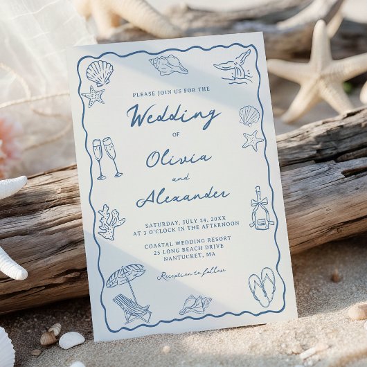 Whimsical Hand Drawn Coastal Beach Wedding 招待状