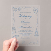 Whimsical Hand Drawn Coastal Blue Beach Wedding アクリル招待状 (インサイチュ (ポータブル))