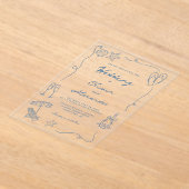 Whimsical Hand Drawn Coastal Blue Beach Wedding アクリル招待状 (レイダウン)