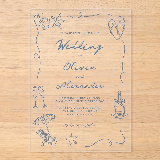 Whimsical Hand Drawn Coastal Blue Beach Wedding アクリル招待状 (正面)