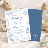 Whimsical Hand Drawn Coastal Blue Beach Wedding 招待状