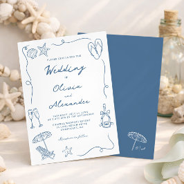 Whimsical Hand Drawn Coastal Blue Beach Wedding 招待状