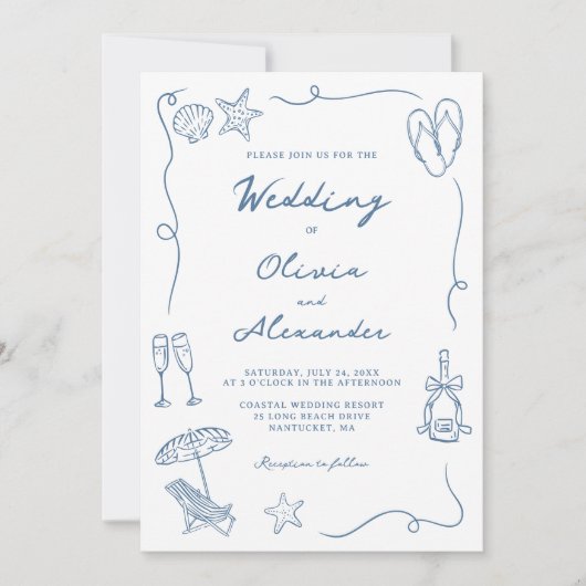 Whimsical Hand Drawn Coastal Blue Beach Wedding 招待状 (正面)