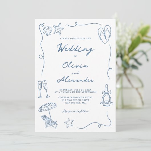 Whimsical Hand Drawn Coastal Blue Beach Wedding 招待状 (スタンド正面)