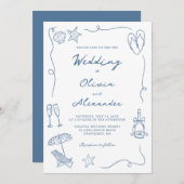 Whimsical Hand Drawn Coastal Blue Beach Wedding 招待状 (正面/裏面)