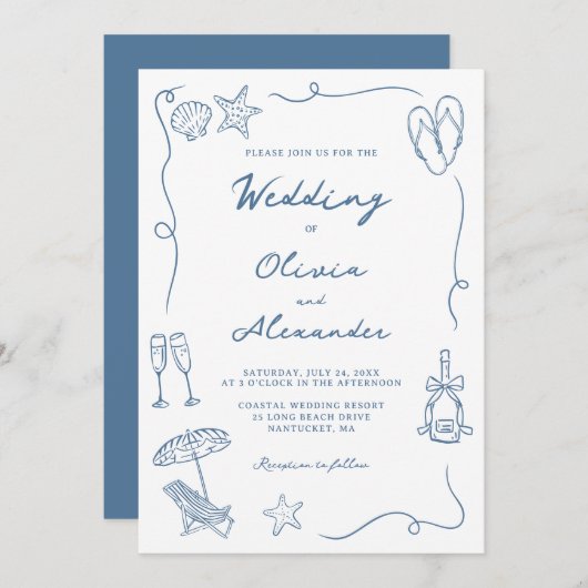 Whimsical Hand Drawn Coastal Blue Beach Wedding 招待状 (正面/裏面)
