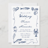 Whimsical Hand Drawn Coastal Navy Blue Wedding 招待状 (正面)