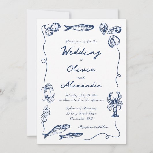 Whimsical Hand Drawn Coastal Navy Blue Wedding 招待状 (正面)
