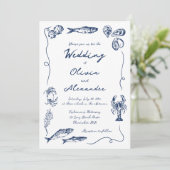 Whimsical Hand Drawn Coastal Navy Blue Wedding 招待状 (スタンド正面)