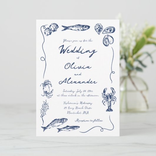 Whimsical Hand Drawn Coastal Navy Blue Wedding 招待状 (スタンド正面)
