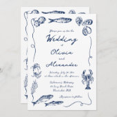 Whimsical Hand Drawn Coastal Navy Blue Wedding 招待状 (正面/裏面)