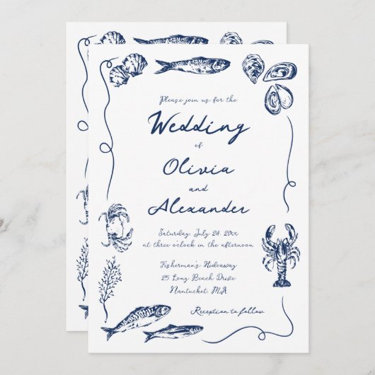 Whimsical Hand Drawn Coastal Navy Blue Wedding 招待状 (正面/裏面)