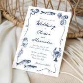 Whimsical Hand Drawn Coastal Navy Blue Wedding 招待状