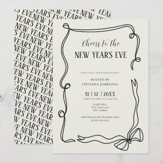 Whimsical Hand Drawn Coquette New Years Eve Party 招待状 (正面/裏面)