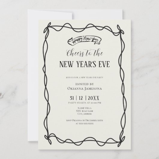Whimsical Hand Drawn Coquette New Years Eve Party 招待状 (正面)