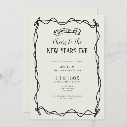 Whimsical Hand Drawn Coquette New Years Eve Party 招待状 (正面/裏面)