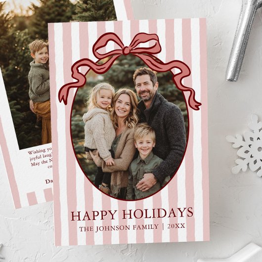 Whimsical Hand Drawn Coquette Red Bow Family Photo シーズンカード