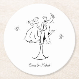 Whimsical Hand Drawn Couple Wedding Engagement  ラウンドペーパーコースター