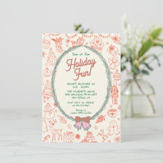 Whimsical hand drawn doodle Christmas Party 招待状 (スタンド正面)