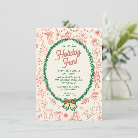 Whimsical hand drawn doodle Christmas Party 招待状 (スタンド正面)