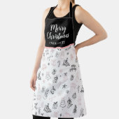 Whimsical Hand Drawn Doodle Christmas Pink Black エプロン (インサイチュ)