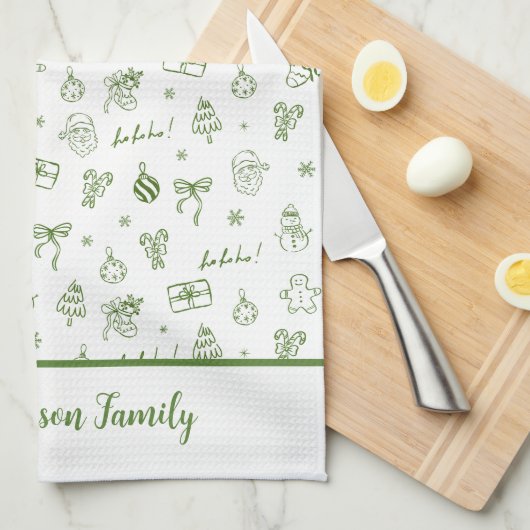 Whimsical Hand Drawn Doodle Green キッチンタオル (四つ折り)