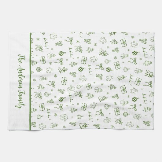 Whimsical Hand Drawn Doodle Green キッチンタオル (横)