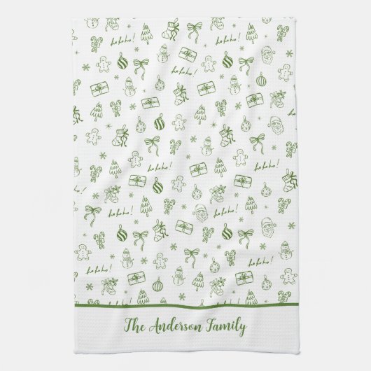 Whimsical Hand Drawn Doodle Green キッチンタオル (縦)