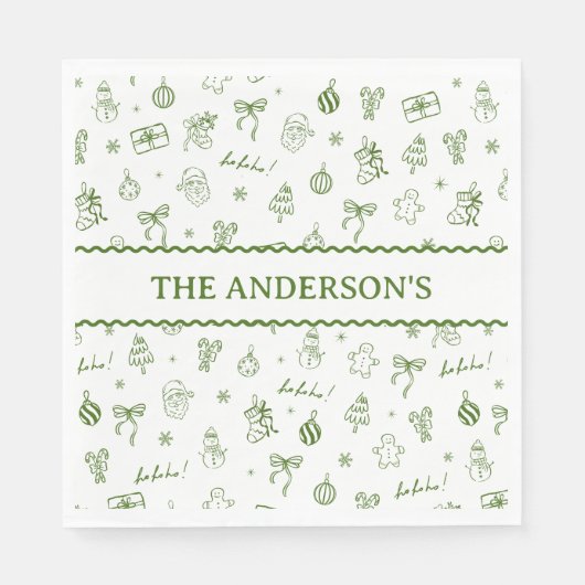 Whimsical Hand Drawn Doodle Green スタンダードランチョンナプキン (正面)