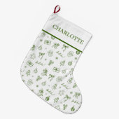 Whimsical Hand Drawn Doodle Green ラージクリスマスストッキング (正面 (吊り時))