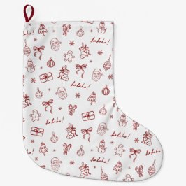 Whimsical Hand Drawn Doodle Red ラージクリスマスストッキング