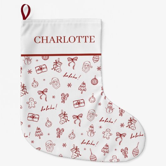 Whimsical Hand Drawn Doodle Red ラージクリスマスストッキング (正面)